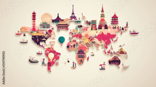 Colorful World Map Illustration Featuring Famous Landmarks and Cultural Icons from Different Continents