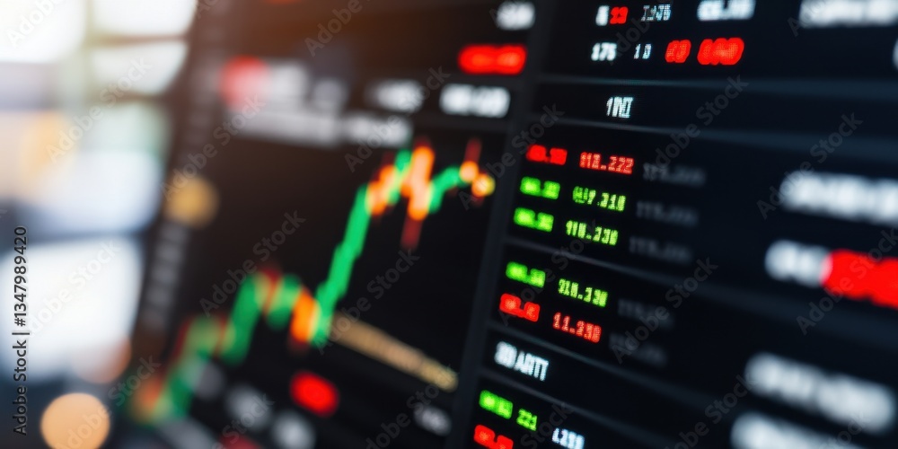 A close-up view of a stock market exchange interface displaying financial data, charts, and trading indicators for investors to analyze trends. A close-up view of a stock market exchange interface displaying financial data, charts, and trading indicators for investors to analyze trends.