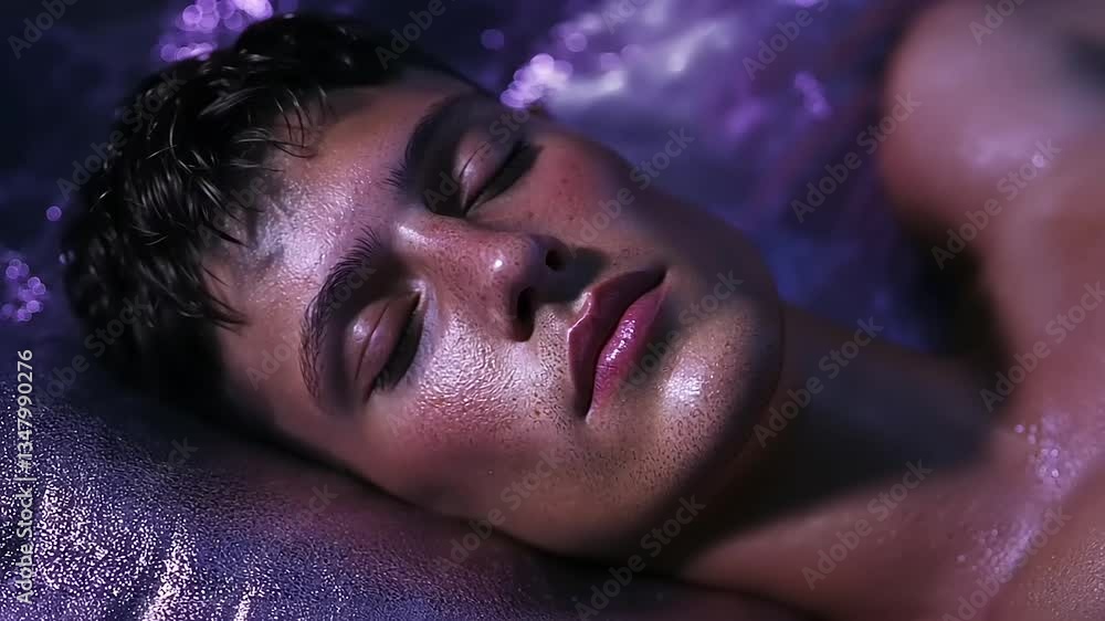Young man peacefully resting on a reflective surface with soft lighting Young man peacefully resting on a reflective surface with soft lighting