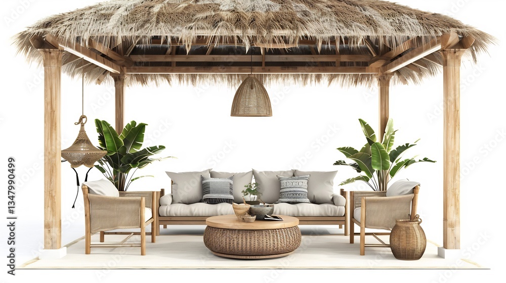 Fototapeta premium Rustic wooden beachside bungalow living room open air seating tropical decor soft linen cushion white isolated background