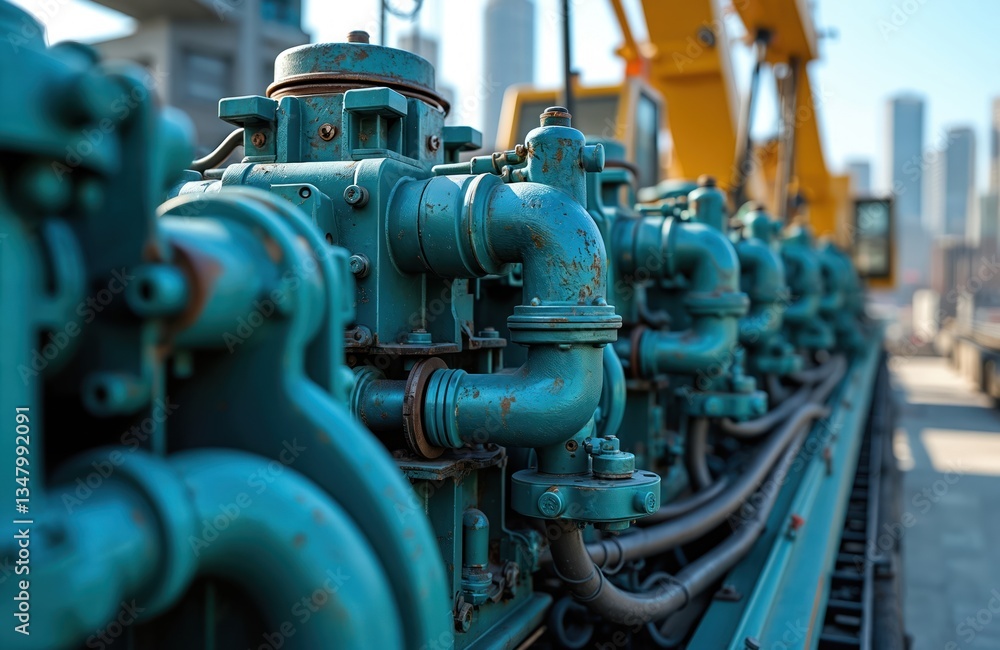 Fototapeta premium Hydraulic crane control system with many hoses. Machine-building industry, construction, heavy equipment, power, energy, oil, repair, background, pipeline, traction, starter. Modern industrial tech.