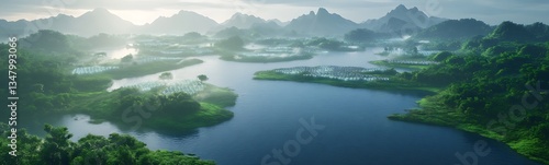 A serene landscape featuring lush greenery, tranquil waters, and distant mountains, creating a peaceful and idyllic natural scene.