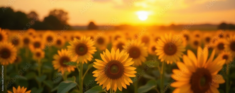 Fototapeta premium Warm sunlight illuminates a sunflower field at sunset, outdoors, natural light
