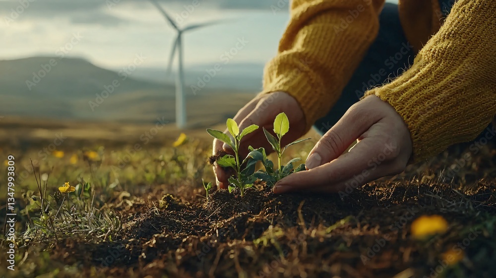Fototapeta premium Planting New Life Sustainable Gardening in Nature Rural Landscape Close-Up Environmental Awareness