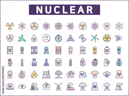 Nuclear And biohazard Technology Icon Set. Vector collection of energy, power, danger, atom, bomb, plant, barrel, molecule, radiation and elements symbols or logo element.