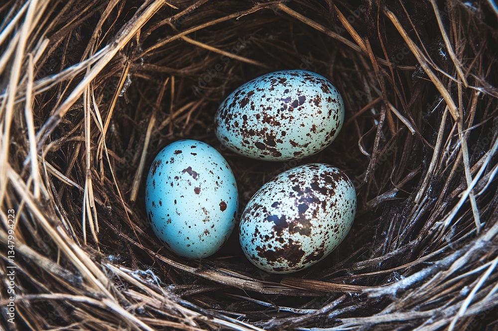Obraz premium Close up shot of three speckled robin eggs nestled in a natural bird nest made of twigs