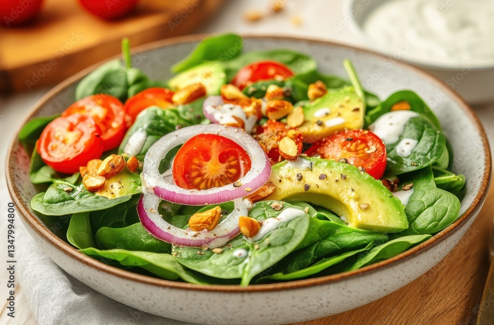 Fresh and Healthy Spinach Salad with Cherry Tomatoes, Avocado, Almonds, and Creamy Dressing for a Nutritious Meal or Snack Fresh and Healthy Spinach Salad with Cherry Tomatoes, Avocado, Almonds, and Creamy Dressing for a Nutritious Meal or Snack