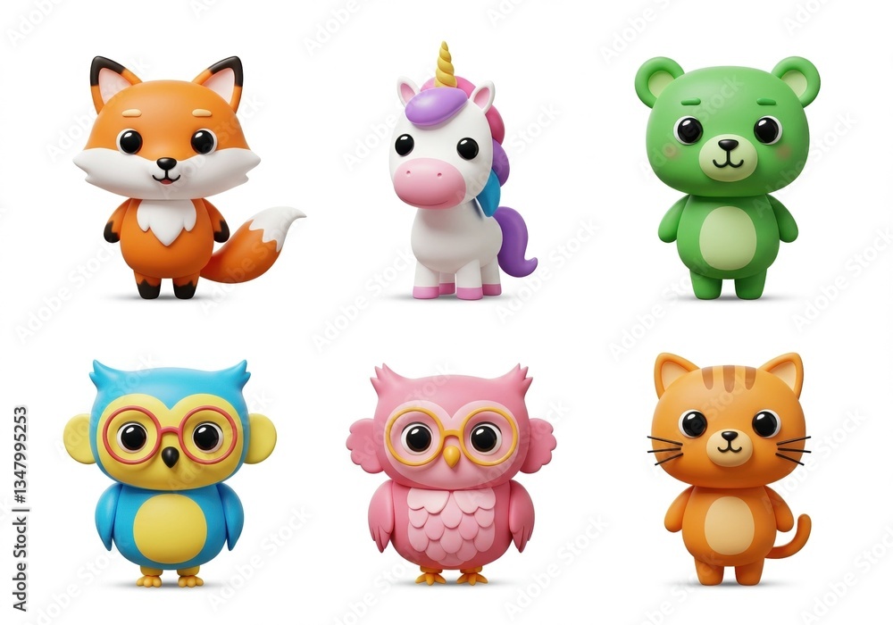 Adorable Animal Cartoon Characters Set: Cute Fox, Unicorn, Bear, Owl, and Cat Illustrations for Kids, Crafts, and Decor. Adorable Animal Cartoon Characters Set: Cute Fox, Unicorn, Bear, Owl, and Cat Illustrations for Kids, Crafts, and Decor.