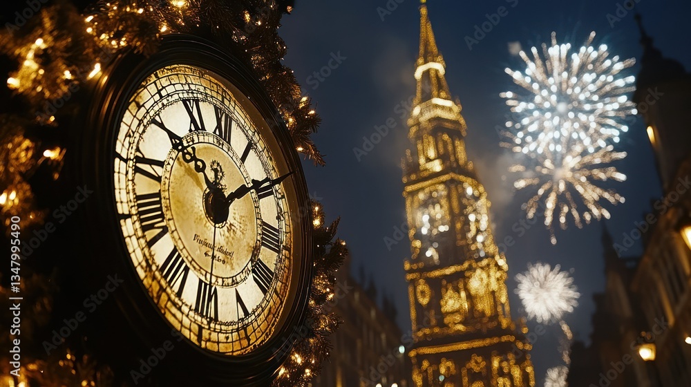 Fototapeta premium New Year's Eve Clock Tower Fireworks