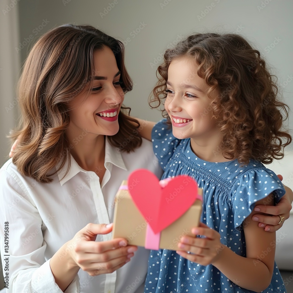 Mother and daughter sharing a heart-shaped card, bonding moment, family love happy childhood, joyful smiles, parent-child connection Mother and daughter sharing a heart-shaped card, bonding moment, family love happy childhood, joyful smiles, parent-child connection