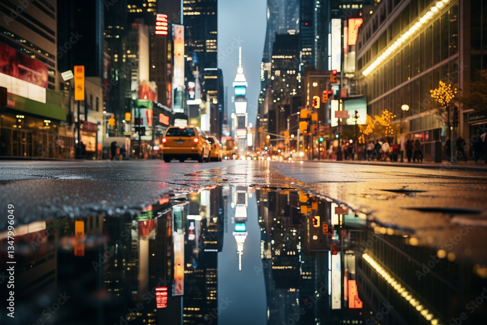 Fototapeta premium ethereal ambiance of rain cascading upon urban landscape, where glistening streets mirror luminescence of city lights, evokes a spectacle that harmoniously blends wet backdrop with captivating reflect