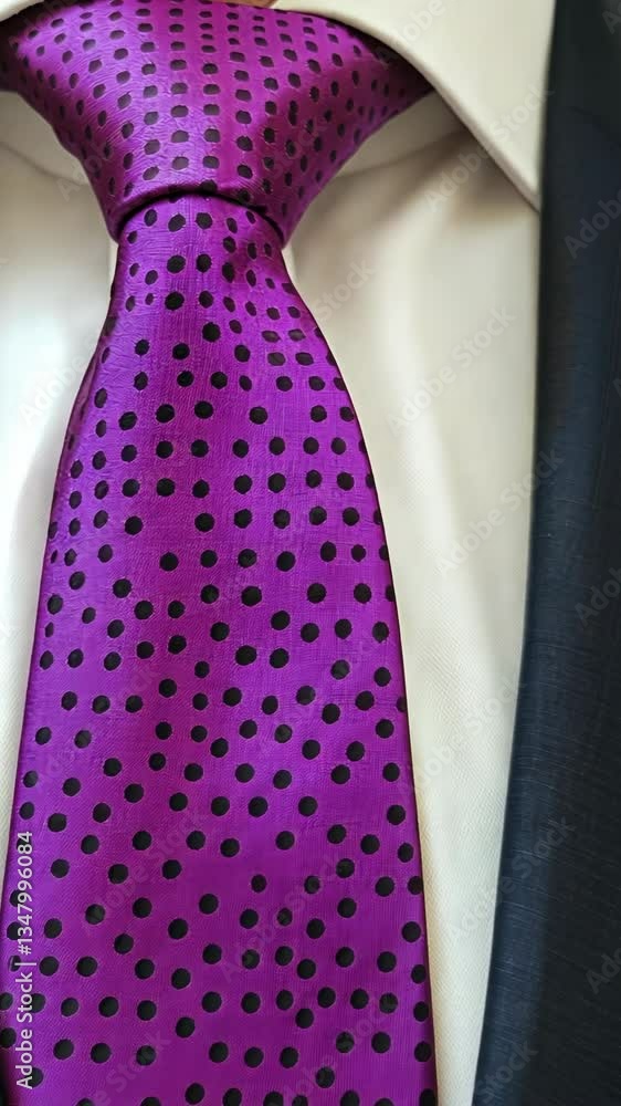 Elegant purple tie with black polka dots worn with a formal suit at a business event in bright lighting Elegant purple tie with black polka dots worn with a formal suit at a business event in bright lighting