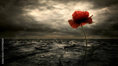 Dramatic lighting and stark silhouettes evoke solemnity and respect, capturing heartbreaking memories featuring solitary poppy flowers.