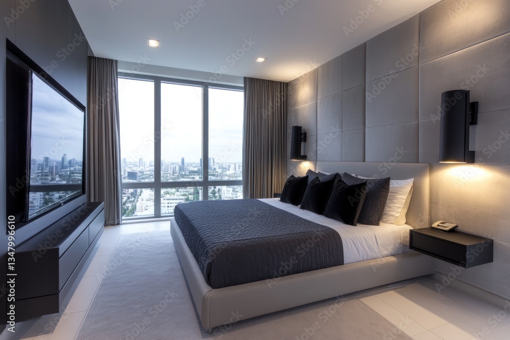 A modern bedroom with city view and minimalist decoration A modern bedroom with city view and minimalist decoration