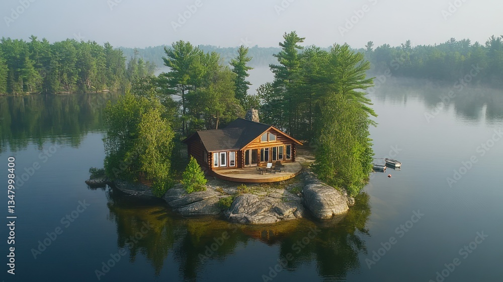 Obraz premium Secluded Island Cabin Getaway: A Dreamy Escape on a Pristine Lake