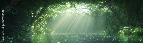 A serene forest scene with sunlight filtering through lush greenery, reflecting on calm waters, creating a tranquil and magical atmosphere.