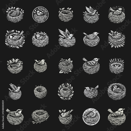 Bird nest engrave logo icon design illustration