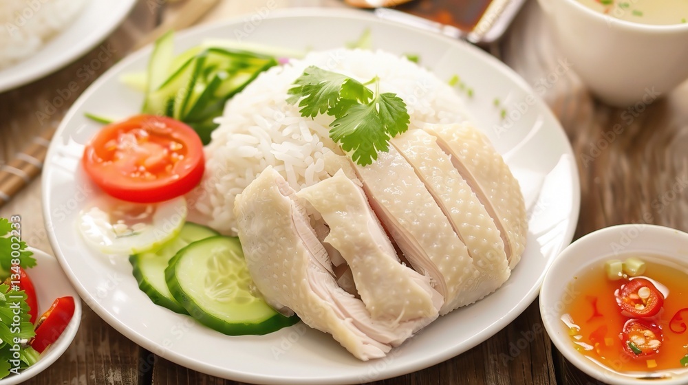 An inviting plate of Hainanese chicken is presented. The Hainanese chicken features tender, poached chicken pieces that are carefully prepared to maintain their juiciness. The chicken has a smooth and An inviting plate of Hainanese chicken is presented. The Hainanese chicken features tender, poached chicken pieces that are carefully prepared to maintain their juiciness. The chicken has a smooth and