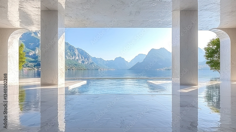 Fototapeta premium Serene Lakeside Villa: Minimalist Architecture with Breathtaking Mountain Views