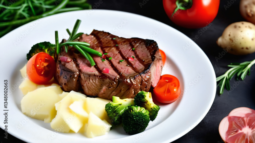 Freshly cooked tender sliced grilled ribeye angus beef steak served on a white plate with various ingredients of tomatos, thyme, broccoli, potatoes, rosemary. Appetizing delicious meal for menu Freshly cooked tender sliced grilled ribeye angus beef steak served on a white plate with various ingredients of tomatos, thyme, broccoli, potatoes, rosemary. Appetizing delicious meal for menu