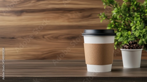 A coffee cup with a brown sleeve sits on a wooden table next to two white cups