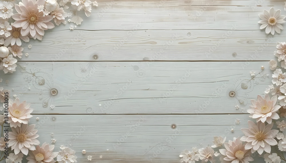 Fototapeta premium A charming image showcasing delicate, pastel-colored paper flowers arranged around the corners of a light gray wooden plank backdrop.