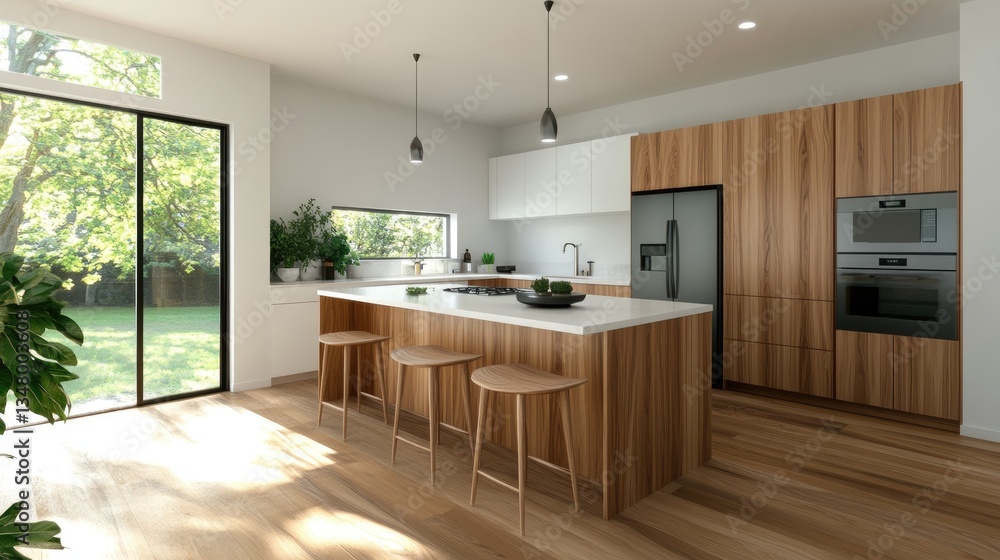 Modern kitchen with backyard view Modern kitchen with backyard view