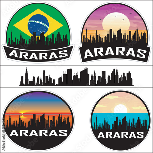 Araras Brazil Flag Skyline Cityscape Silhouette Travel Souvenir Sticker Isolated Vector