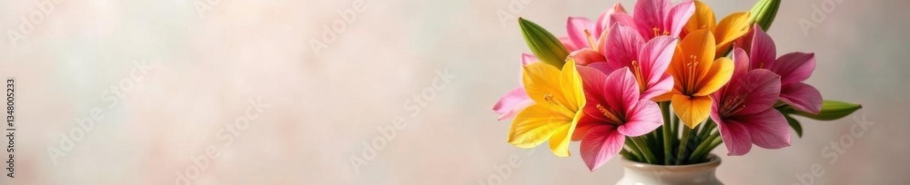 Naklejka premium A bouquet of exotic flowers arranged in a delicate vase, against a soft background, vibrant flowers, floral art, colorful flowers