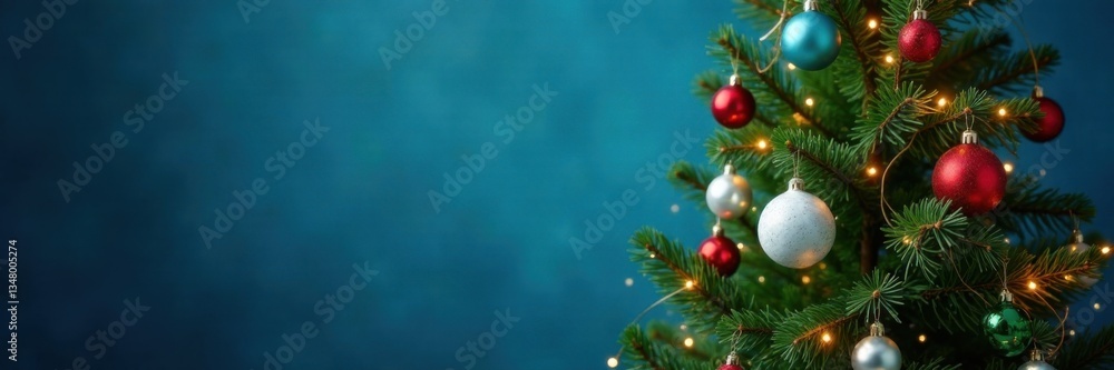 A Christmas tree decorated with modern ornaments and lights on a blue background, twinkling lights, colorful decorations A Christmas tree decorated with modern ornaments and lights on a blue background, twinkling lights, colorful decorations