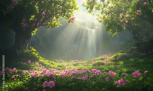A serene landscape featuring blooming flowers, lush greenery, and a waterfall illuminated by soft sunlight filtering through trees.