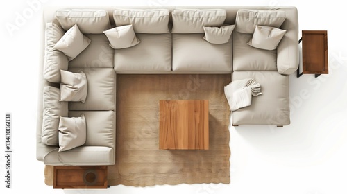 Top down view of cozy modern living room stylish sectional sofa soft carpet wooden coffee table elegant decor white isolated background