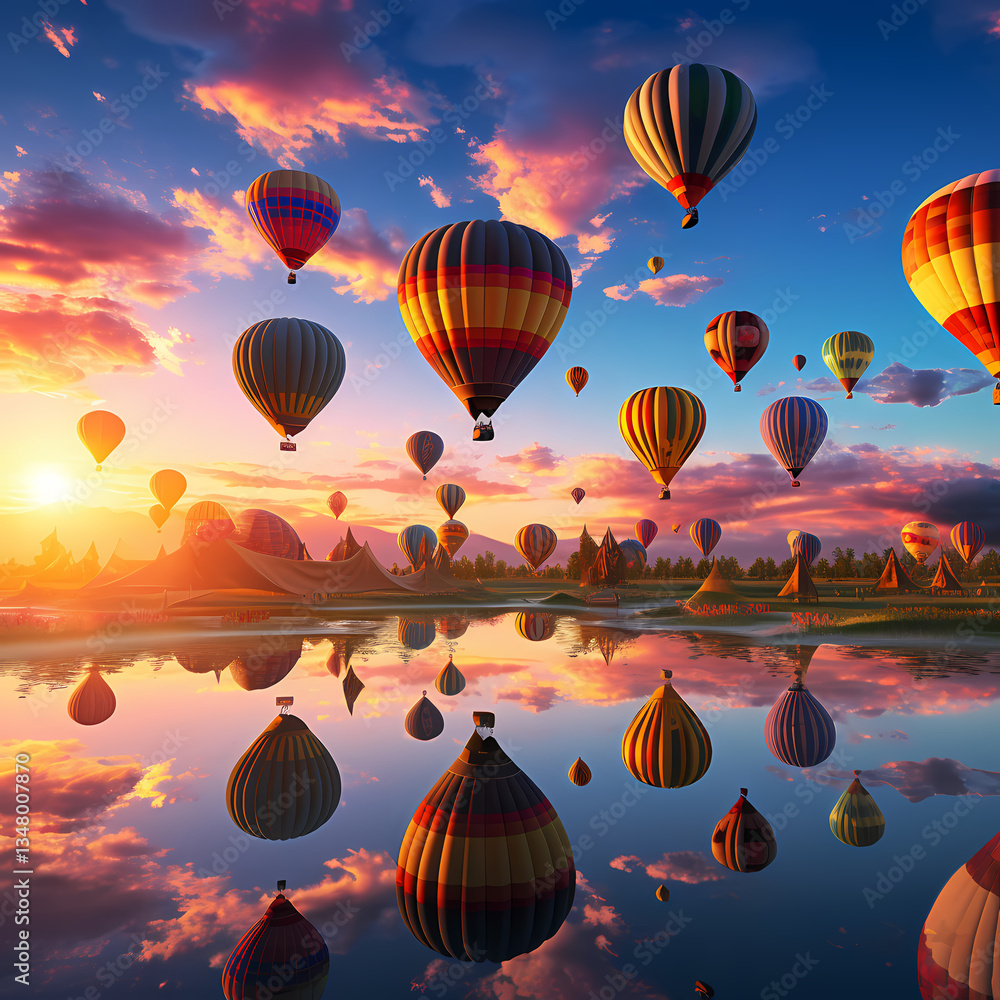 Fototapeta premium A colorful hot air balloon festival at sunrise.