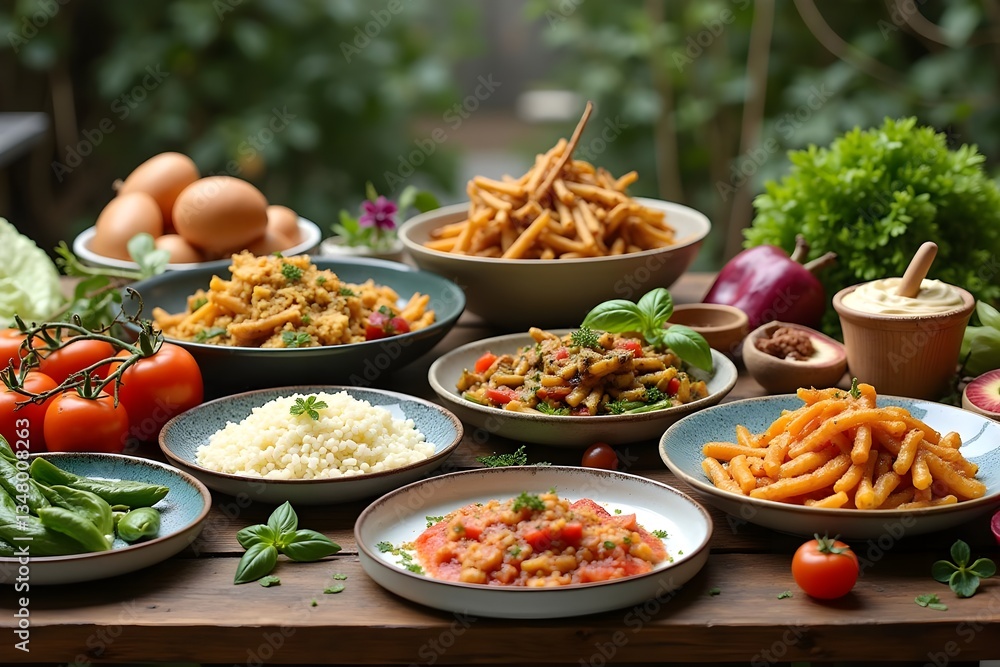 Minimalist flat lay of nutritious whole foods, beautifully arranged with balanced colors Minimalist flat lay of nutritious whole foods, beautifully arranged with balanced colors