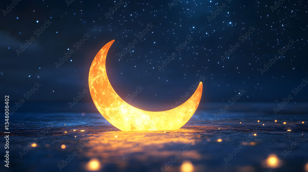 Naklejka premium Glowing crescent moon rests on a dark, starry night. Sparkling lights illuminate the scene, creating a magical, serene atmosphere. Perfect for Ramadan, dreams, or mystical themes.