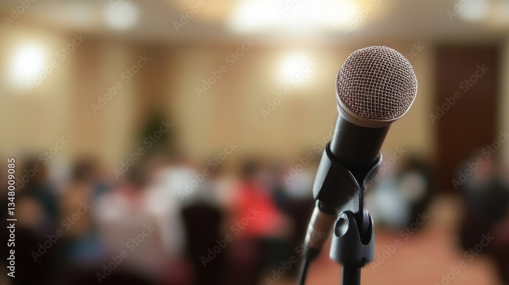 Microphone for speaker on abstract blurred of speech in seminar room or speaking conference for audience at university Microphone for speaker on abstract blurred of speech in seminar room or speaking conference for audience at university