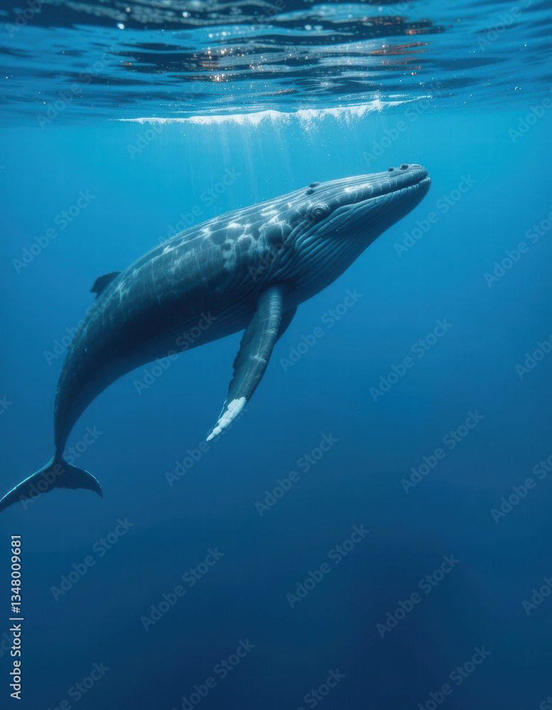 Fototapeta premium Humpback whale swimming in the blue ocean