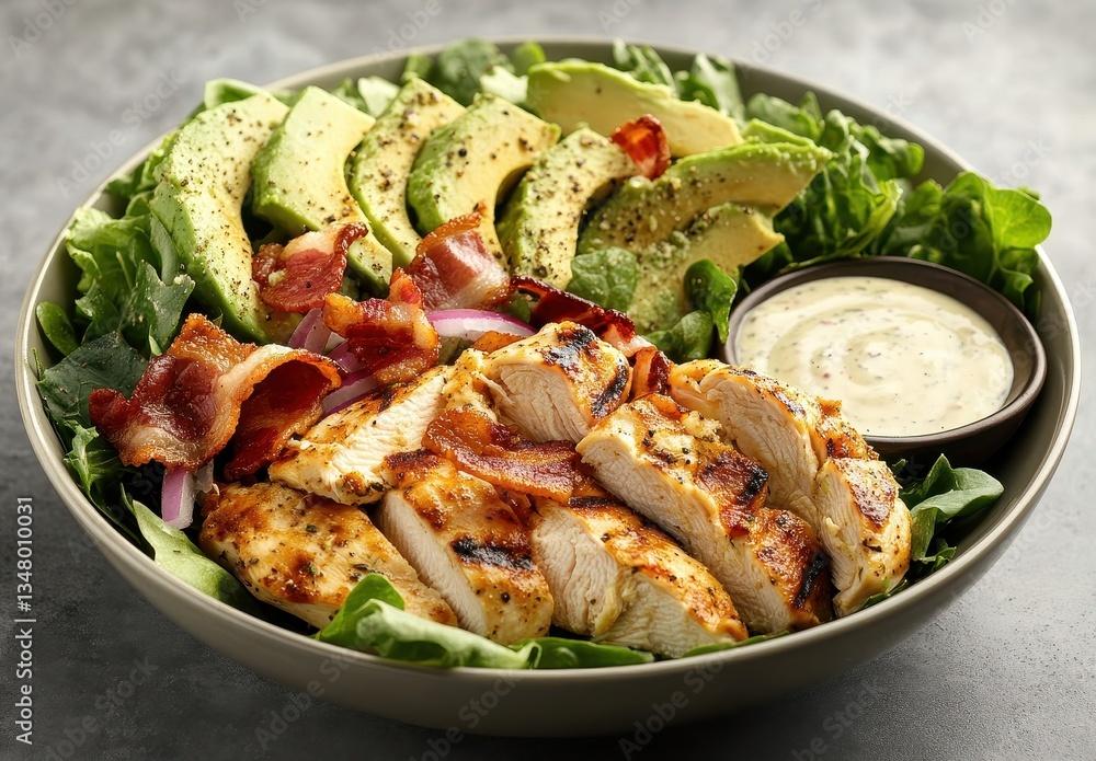 Fresh Grilled Chicken Salad with Avocado, Crispy Bacon, and Creamy Dressing Served in a Bowl for a Healthy Meal Option Fresh Grilled Chicken Salad with Avocado, Crispy Bacon, and Creamy Dressing Served in a Bowl for a Healthy Meal Option