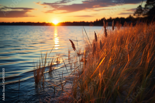 magic of a sunset over dunes vibrant colors in sky, peaceful waves, and moment when sun disappears below horizon