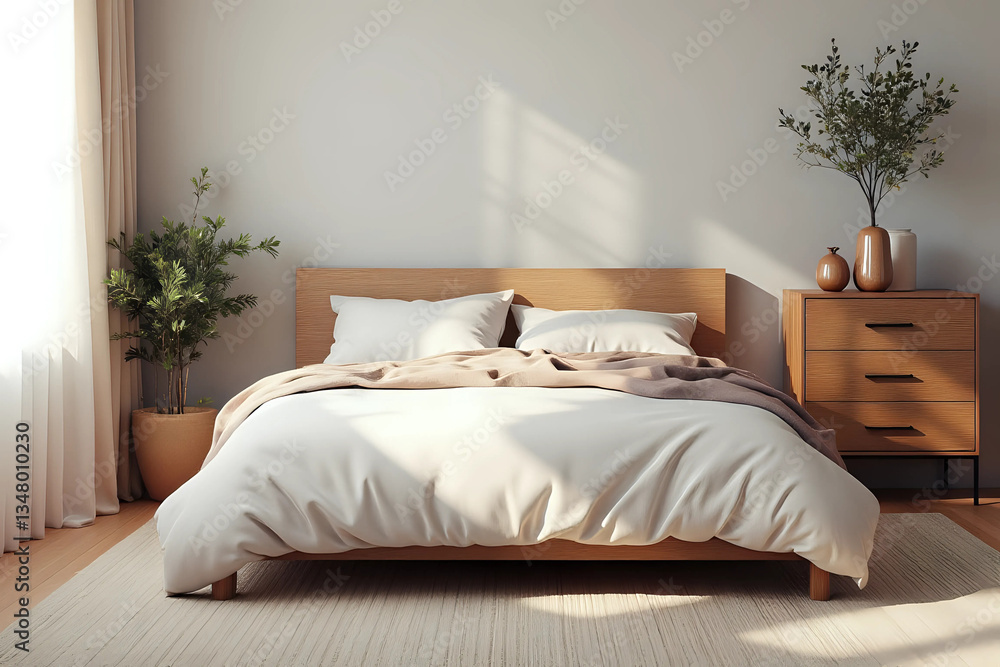 Obraz premium Interior of stylish bedroom with cozy bed, chest of drawers and olive tree on bedside table.