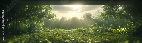 A serene landscape featuring lush greenery illuminated by soft sunlight, creating a tranquil and peaceful atmosphere.