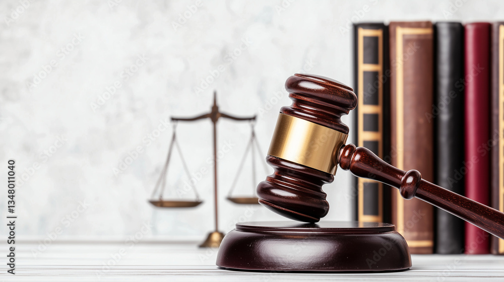 Justice and Law: A close-up shot of a gavel striking a wooden block, symbolizing justice and law, alongside balanced scales and law books Justice and Law: A close-up shot of a gavel striking a wooden block, symbolizing justice and law, alongside balanced scales and law books