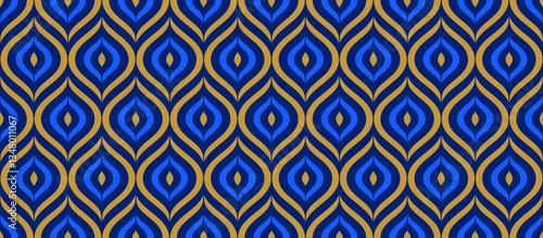 Seamless art deco feather pattern. Navy and gold geometric leaves background for design textile, fabric swatch, scarf cloth, print template. Blue color repeating floral wallpaper. Vector backdrop
