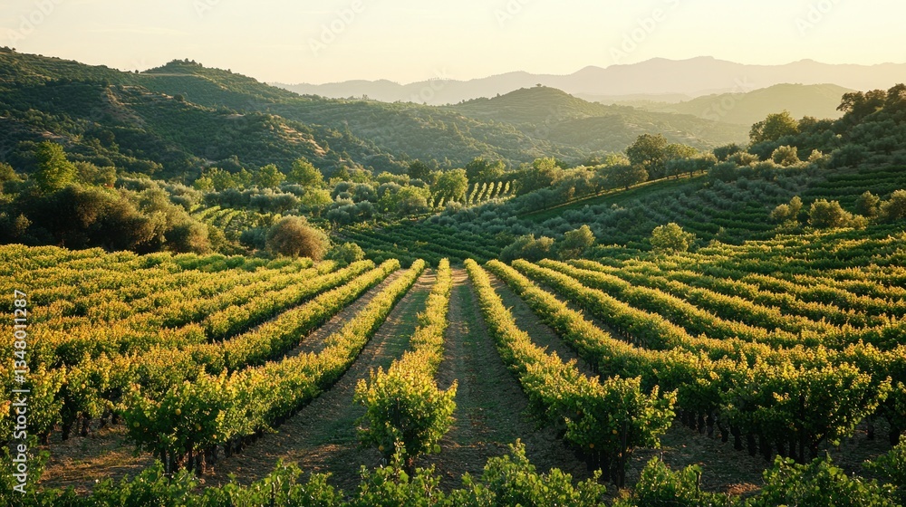 Naklejka premium Vineyard Rows at Sunset, Hills Background