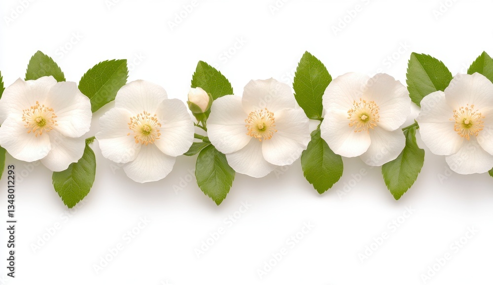 Obraz premium White jasmine blossoms and green leaves arranged in a horizontal row on a white background. The image is clean and simple, perfect for design projects.