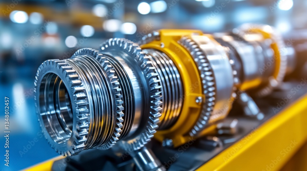 Fototapeta premium Close up view of a complex metallic industrial component with intricate gears and yellow accents, set against a blurred industrial background.