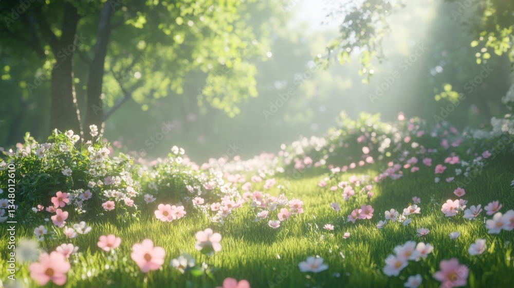 Fototapeta premium Sunlit Meadow With Delicate Pink And White Flowers