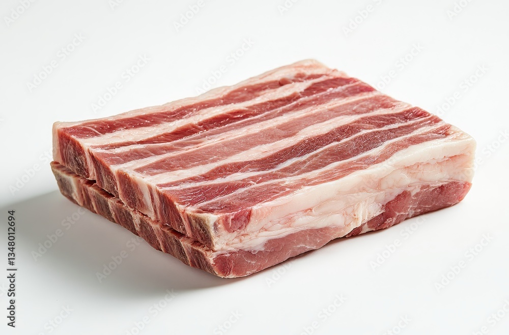 Fresh Raw Pork Belly Cut with Striations of Meat and Fat on White Background for Culinary Use in Modern Kitchen or Restaurant Setting Fresh Raw Pork Belly Cut with Striations of Meat and Fat on White Background for Culinary Use in Modern Kitchen or Restaurant Setting