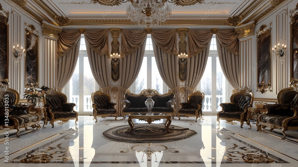 Fototapeta premium Ultra high end celebrity mansion living room extravagant furniture rich texture grand lighting luxurious ambiance white background