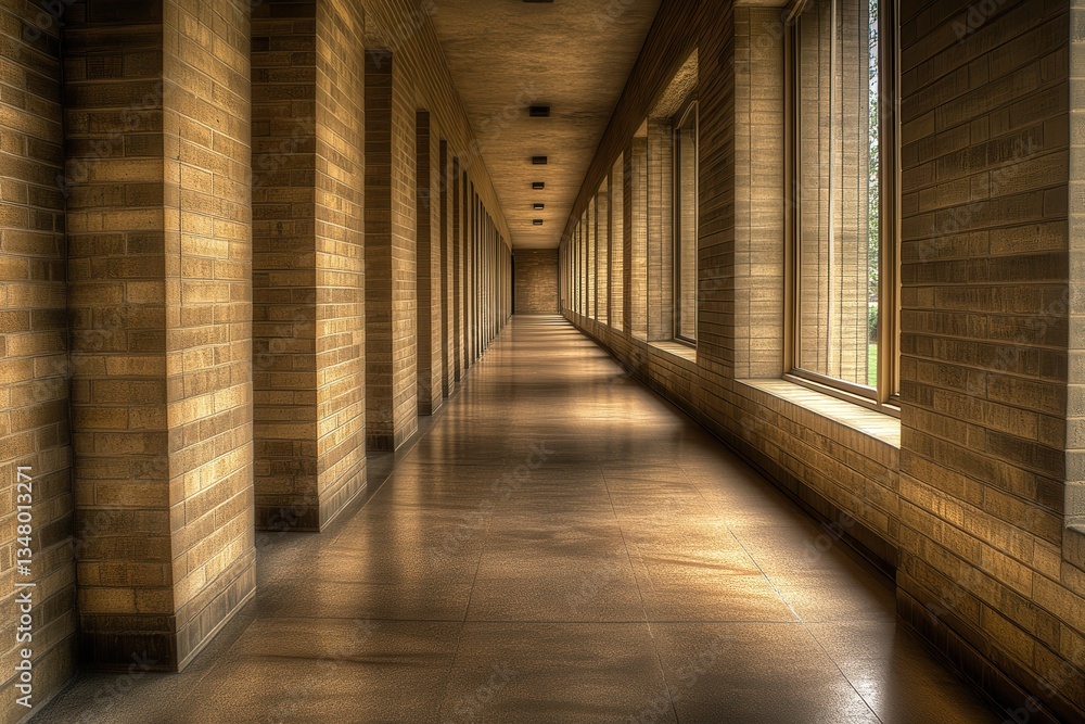 Serene Corridor with Warm Lighting and Architectural Details Serene Corridor with Warm Lighting and Architectural Details
